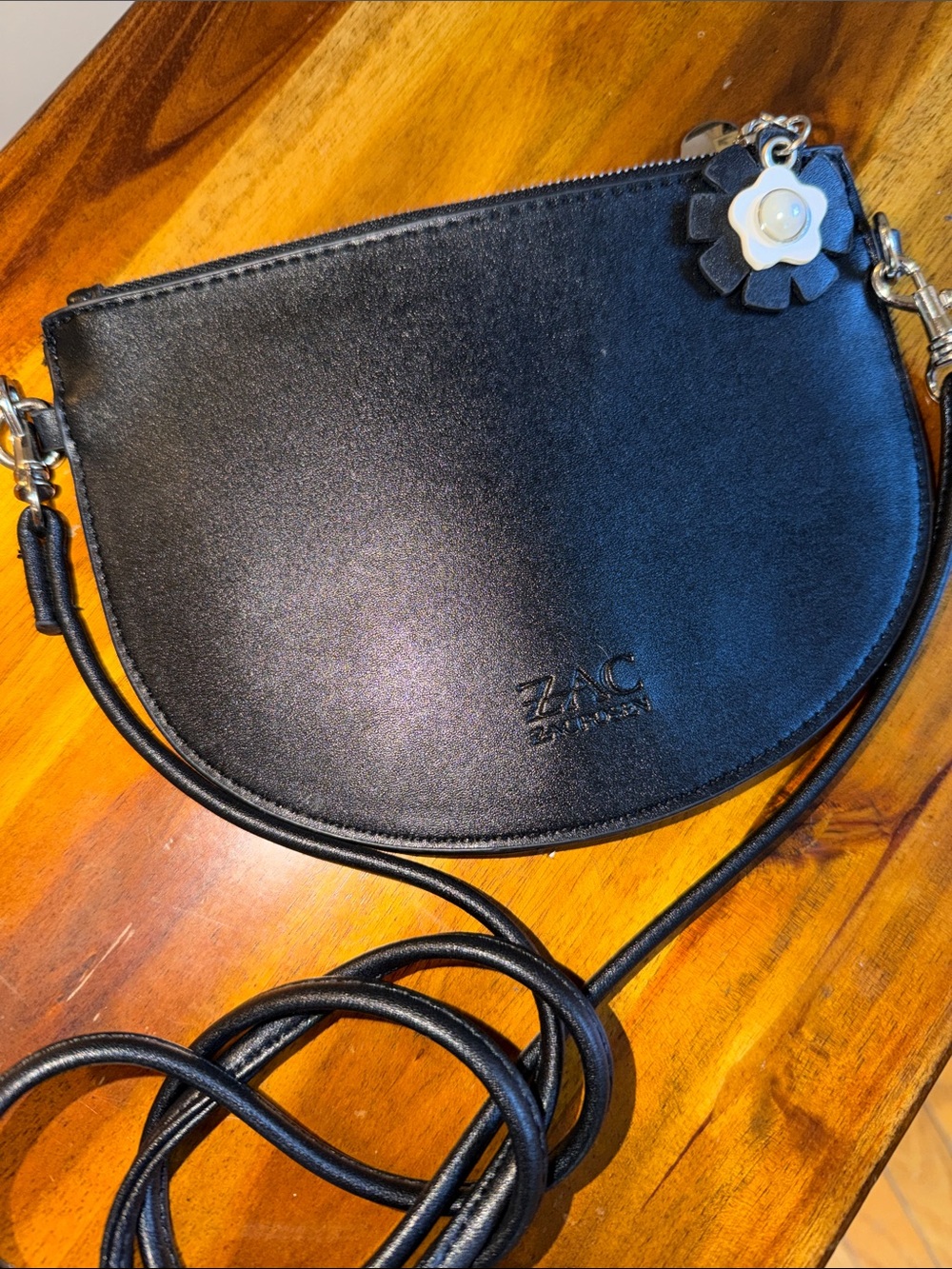 ZAC Zac Posen Black Half-Moon Crossbody with Floral Charm